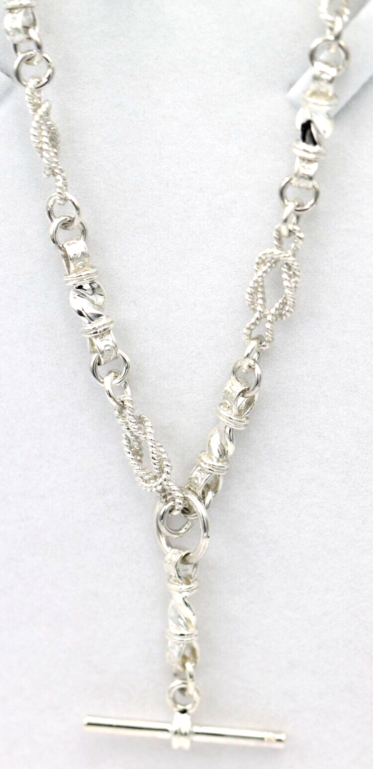 Heavy Genuine Sterling Silver Antique Oval Fancy Links FOB Chain Necklace