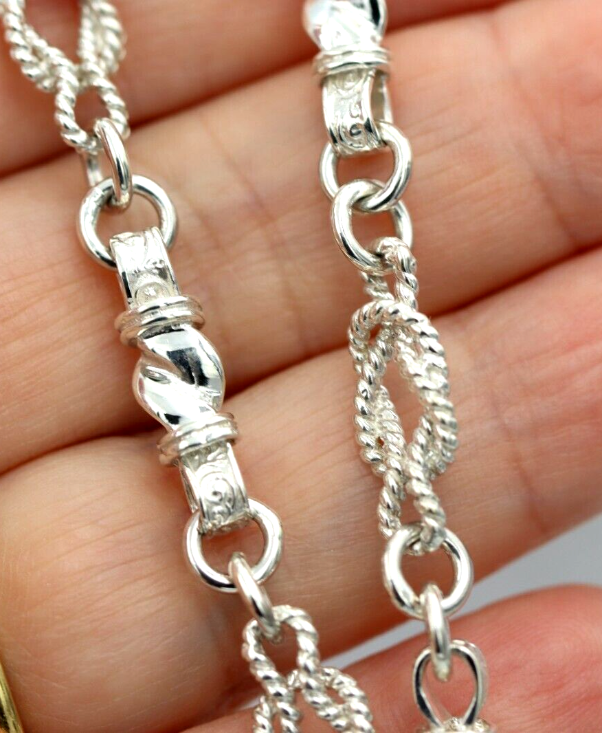 Heavy Genuine Sterling Silver Antique Oval Fancy Links FOB Chain Necklace