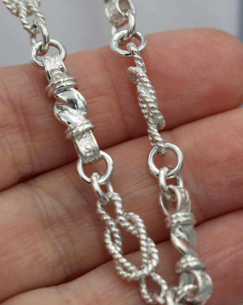 Heavy Genuine Sterling Silver Antique Oval Fancy Links FOB Chain Necklace