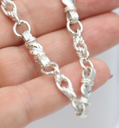 Heavy Genuine Sterling Silver Antique Fancy Links Chain Necklace