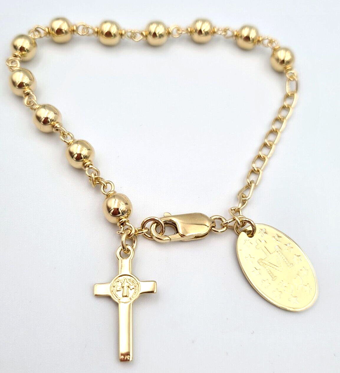 Genuine 9ct Yellow, Rose or White Gold 6mm Ball Rosary Bead Bracelet 21cm Long Mary Miraculous Pendant