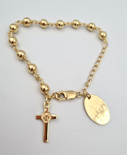 Genuine 9ct Yellow, Rose or White Gold 6mm Ball Rosary Bead Bracelet 21cm Long Mary Miraculous Pendant