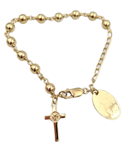 Genuine 9ct Yellow, Rose or White Gold 6mm Ball Rosary Bead Bracelet 21cm Long Mary Miraculous Pendant