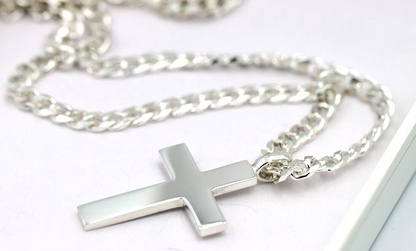 Genuine Large Heavy Sterling Silver Huge Cross Pendant + Necklace Kerb Chain