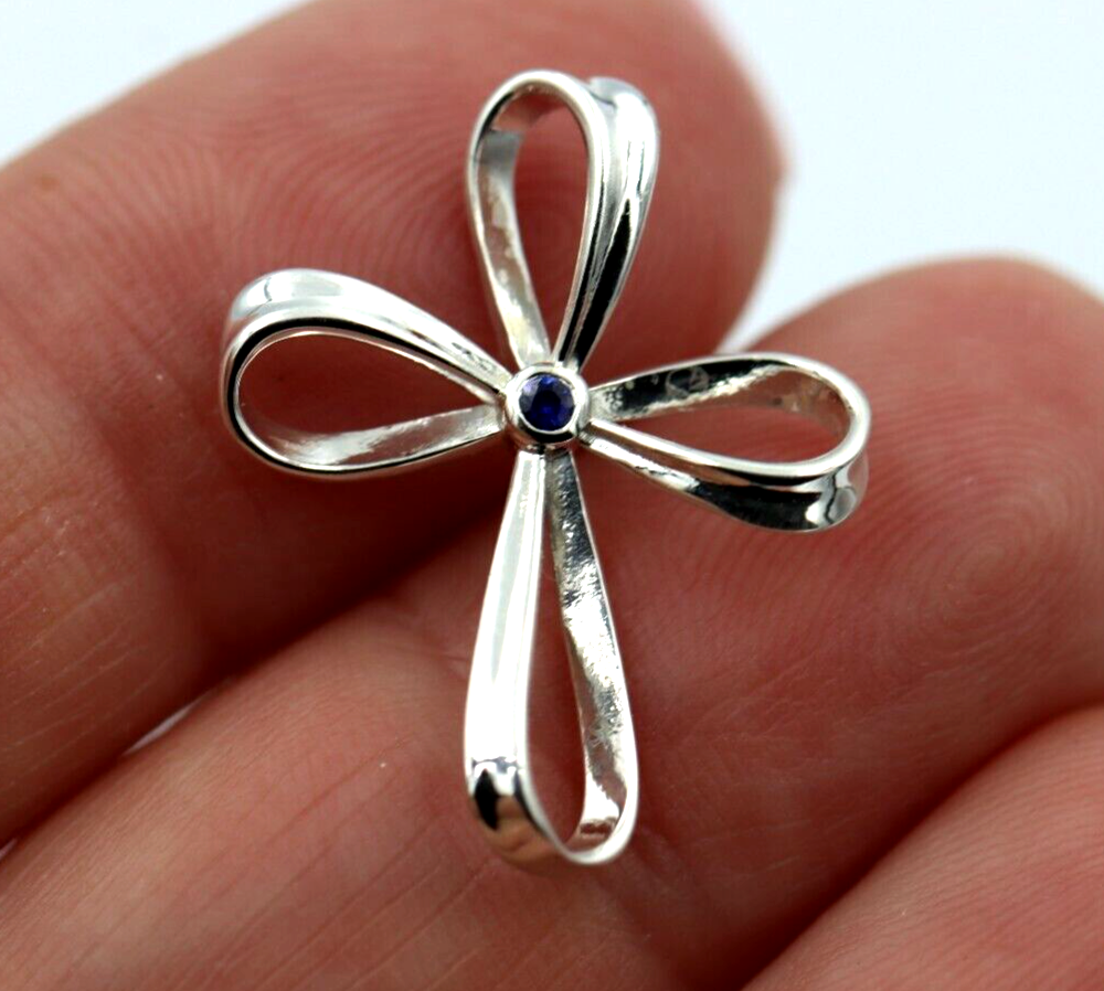 Kaedesigns,New Genuine Sterling Silver Cross Blue Sapphire Set Cross Pendant