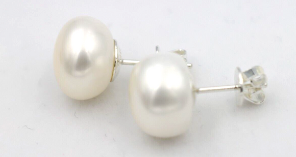 Sterling Silver 925 12mm Freshwater White Button Pearl Earrings