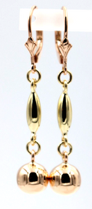 Genuine 9ct Yellow & Rose Gold 8mm Ball Long Drop Earrings + Rose Continental Hooks