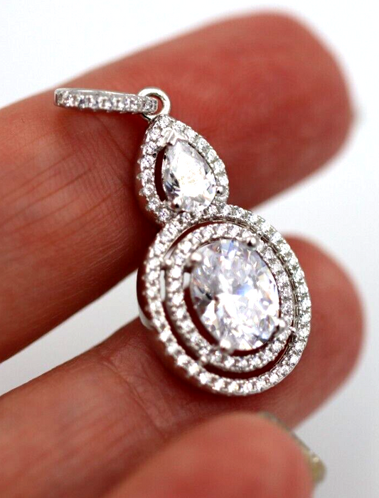 Genuine Cubic Zirconia 925 Sterling Silver Oval Fancy Pendant