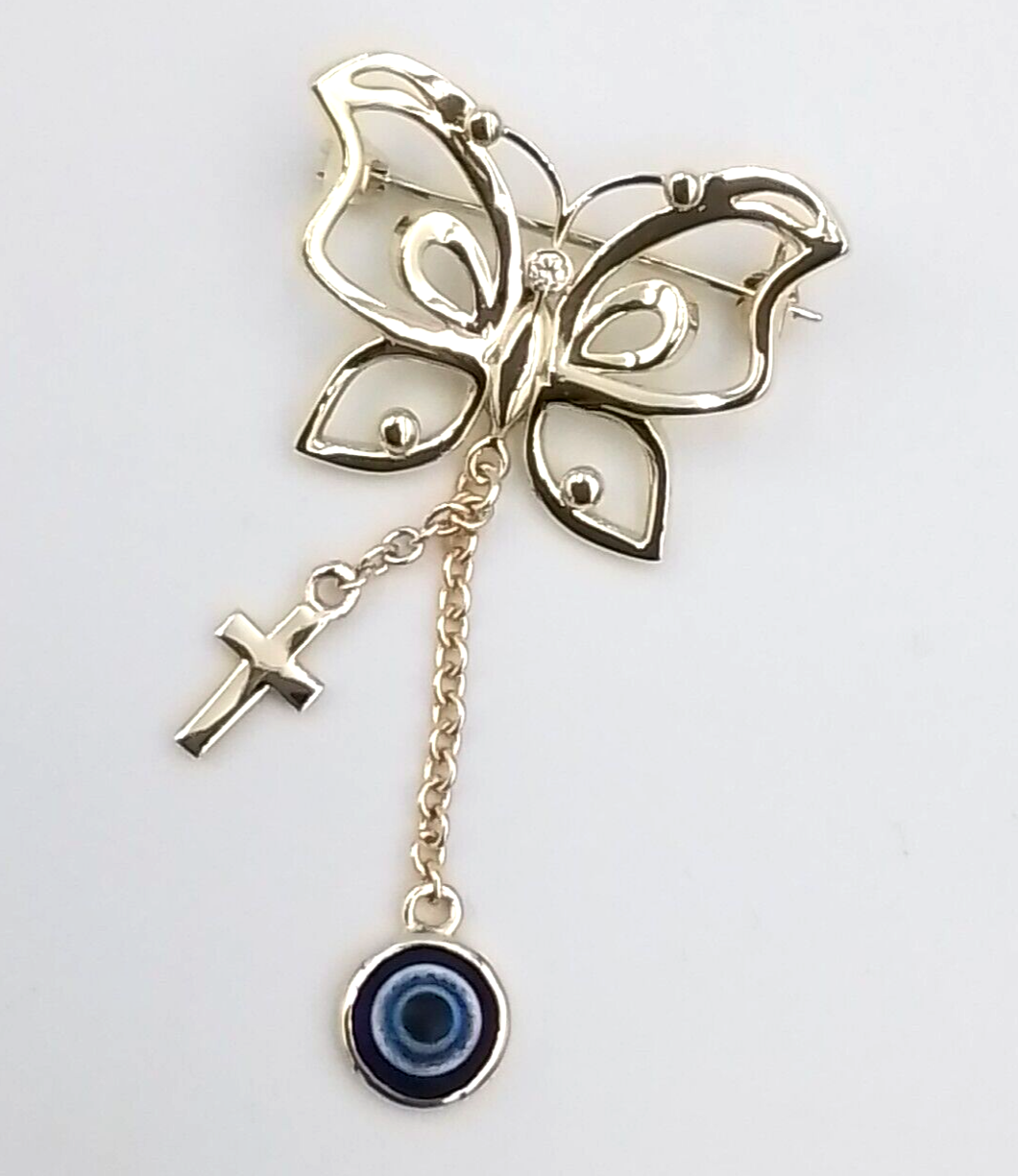 Genuine 9ct, 14ct or 18ct Yellow Gold Baby Child's Kids Butterfly Diamond Cross Brooch Evil Eye Mati