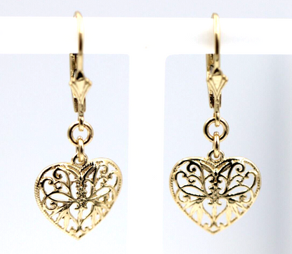 Genuine 9ct Yellow, Rose or White Gold Filigree Heart Drop Filigree Continental Hook Earrings