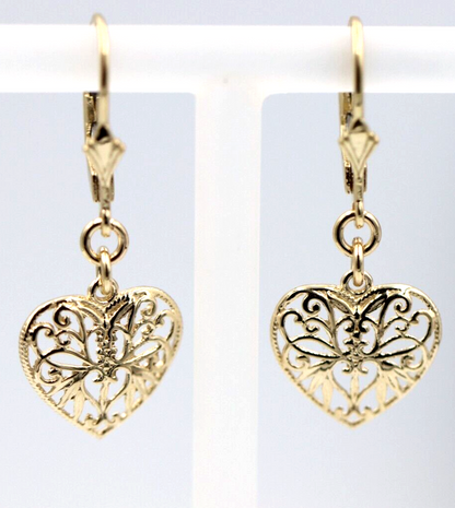 Genuine 9ct Yellow, Rose or White Gold Filigree Heart Drop Filigree Continental Hook Earrings