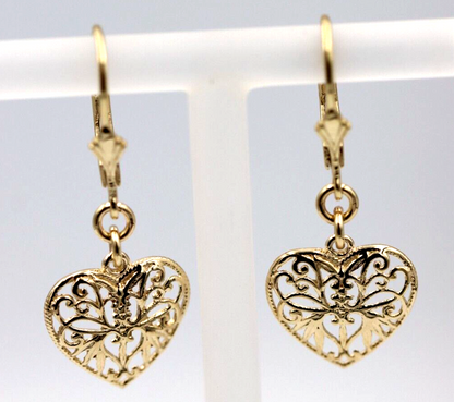 Genuine 9ct Yellow, Rose or White Gold Filigree Heart Drop Filigree Continental Hook Earrings