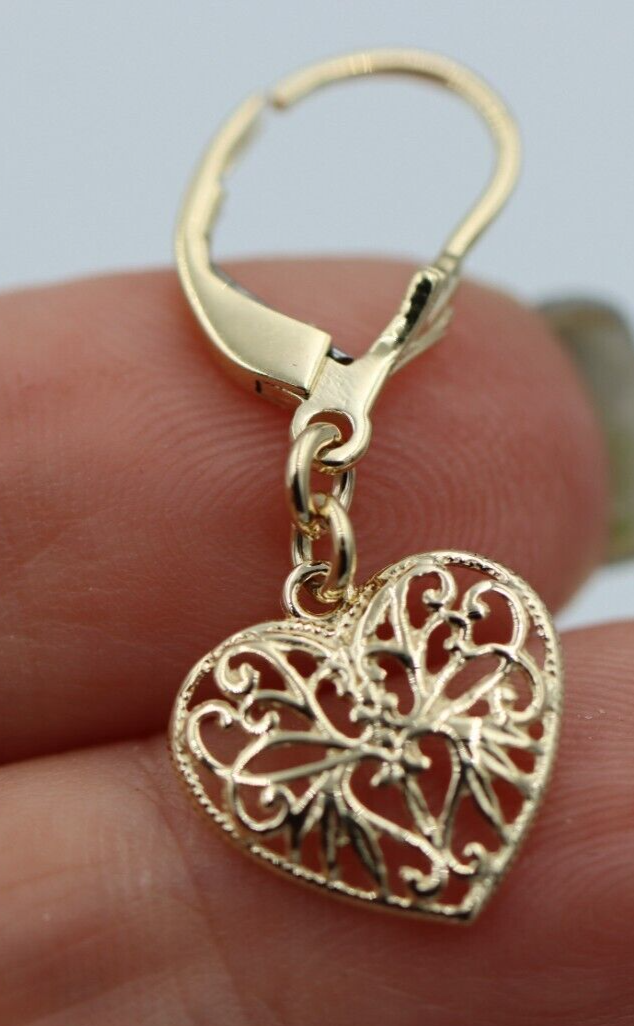 Genuine 9ct Yellow, Rose or White Gold Filigree Heart Drop Filigree Continental Hook Earrings