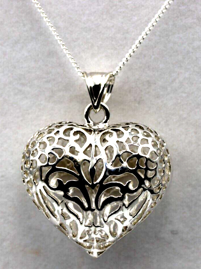 Sterling Silver Large Bubble Heart Filigree Pendant 55cm Curb Necklace