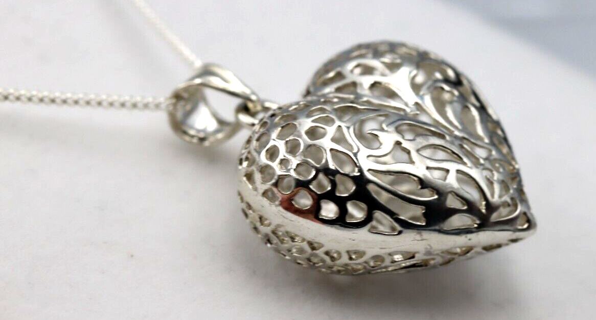 Sterling Silver Large Bubble Heart Filigree Pendant 55cm Curb Necklace