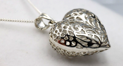 Sterling Silver Large Bubble Heart Filigree Pendant 55cm Curb Necklace