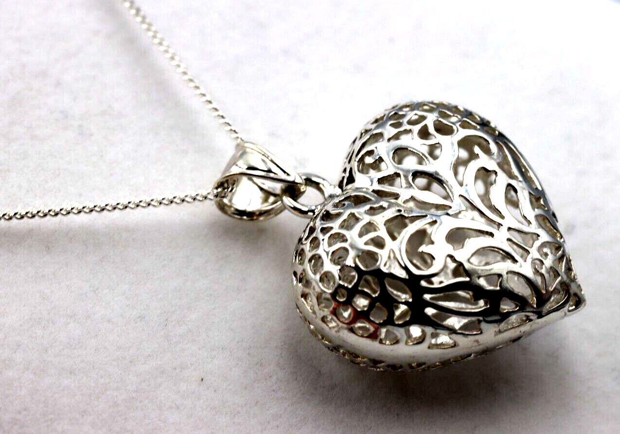 Sterling Silver Large Bubble Heart Filigree Pendant 55cm Curb Necklace