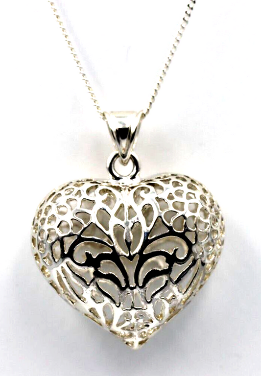 Sterling Silver Large Bubble Heart Filigree Pendant 55cm Curb Necklace