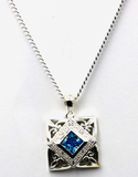 Sterling Silver Square CZ Blue Stone Swirl Pendant + Necklace*Free Express Post