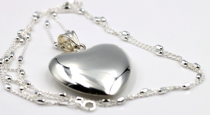 Genuine Sterling Silver 80cm Ball Necklace & Large Heart Pendant