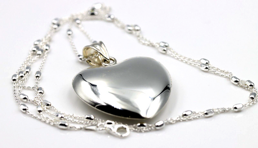 Genuine Sterling Silver 80cm Ball Necklace & Large Heart Pendant