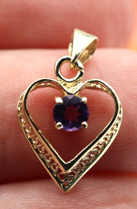 Genuine 9ct 9k Yellow Gold Amethyst Heart Pendant / Charm