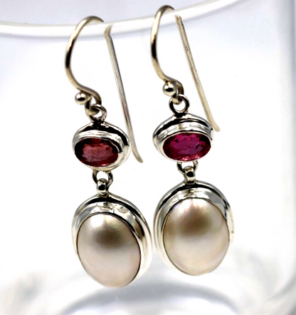 Genuine Sterling Silver Tourmaline & Mabe Pearl Earrings