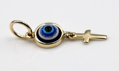 Genuine 9ct Yellow, Rose or White Gold Greek Mati Nazar Lucky Evil Eye + Cross Charm or Pendant