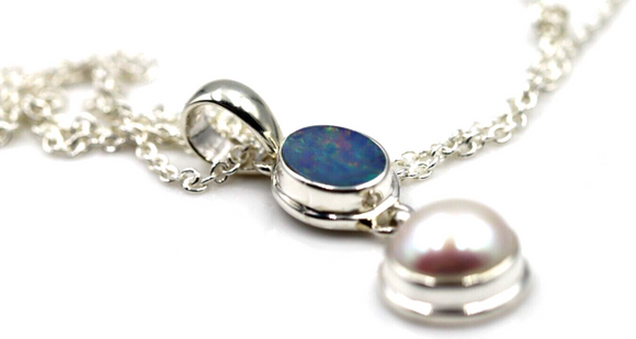 Genuine Sterling Silver Freshwater Pearl & Opal Pendant Belcher +  Chain * Free post