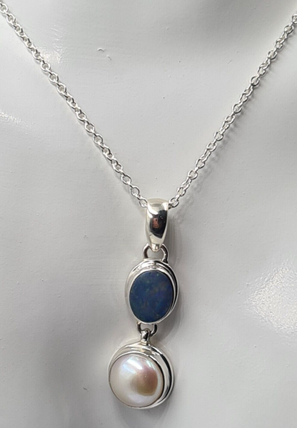 Genuine Sterling Silver Freshwater Pearl & Opal Pendant Belcher +  Chain