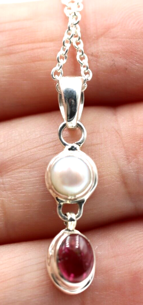 Sterling Silver Freshwater Pearl & Tourmaline Pendant Belcher Chain