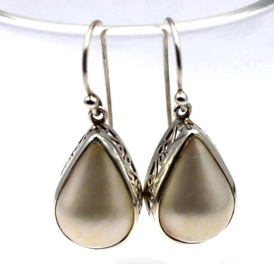 Genuine Sterling Silver Mabe Pearls Teardrop Swirl Earrings