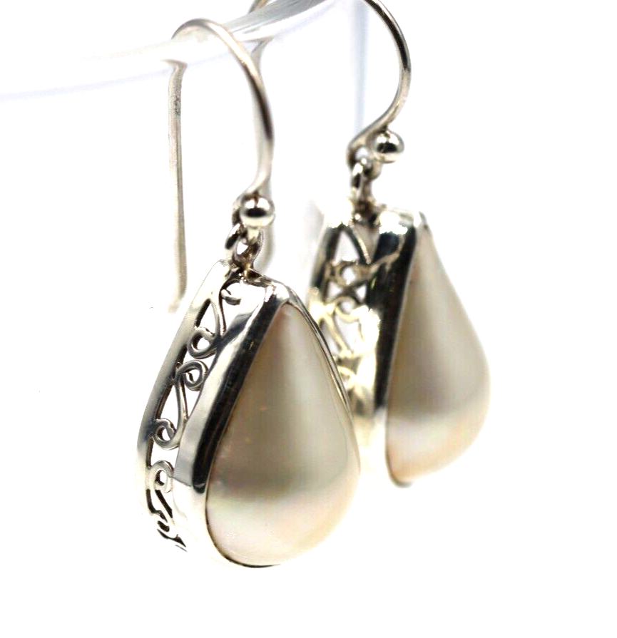 Genuine Sterling Silver Mabe Pearls Teardrop Swirl Earrings