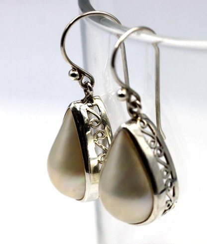 Genuine Sterling Silver Mabe Pearls Teardrop Swirl Earrings