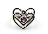 Size Q Sterling Silver Purple Amethyst +Blue Topaz Double Heart Ring