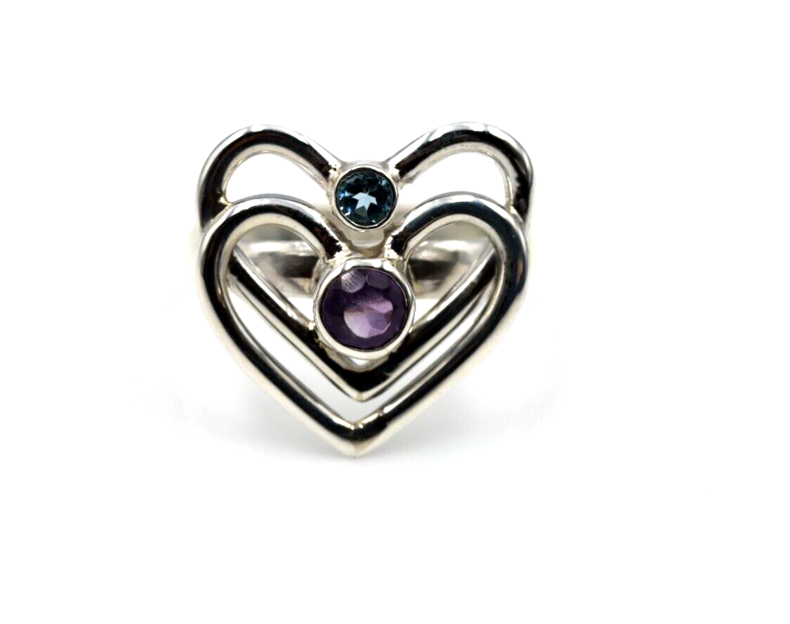 Size Q Sterling Silver Purple Amethyst +Blue Topaz Double Heart Ring