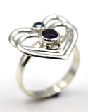 Size Q Sterling Silver Purple Amethyst +Blue Topaz Double Heart Ring