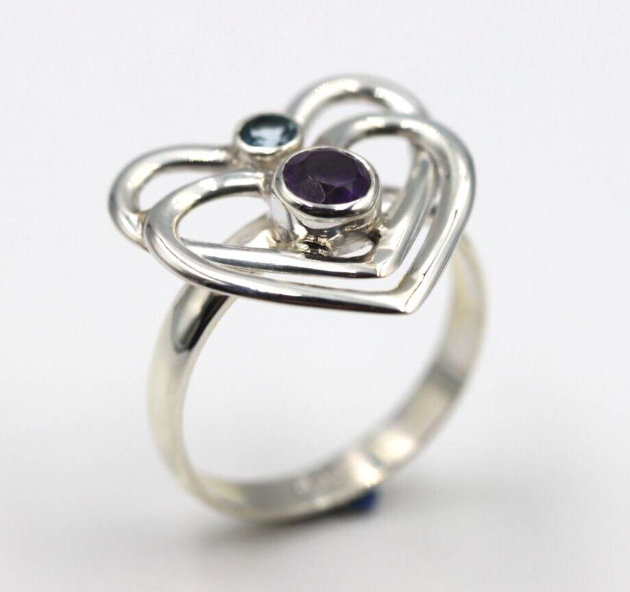 Size Q Sterling Silver Purple Amethyst +Blue Topaz Double Heart Ring