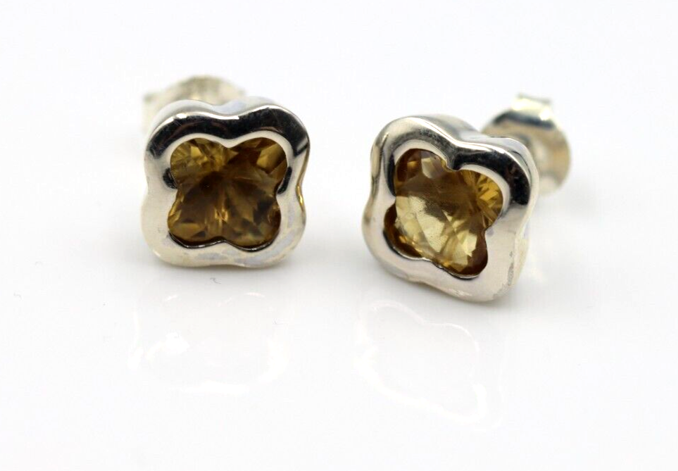 Genuine Sterling Silver 925 Clover Yellow Citrine Earrings