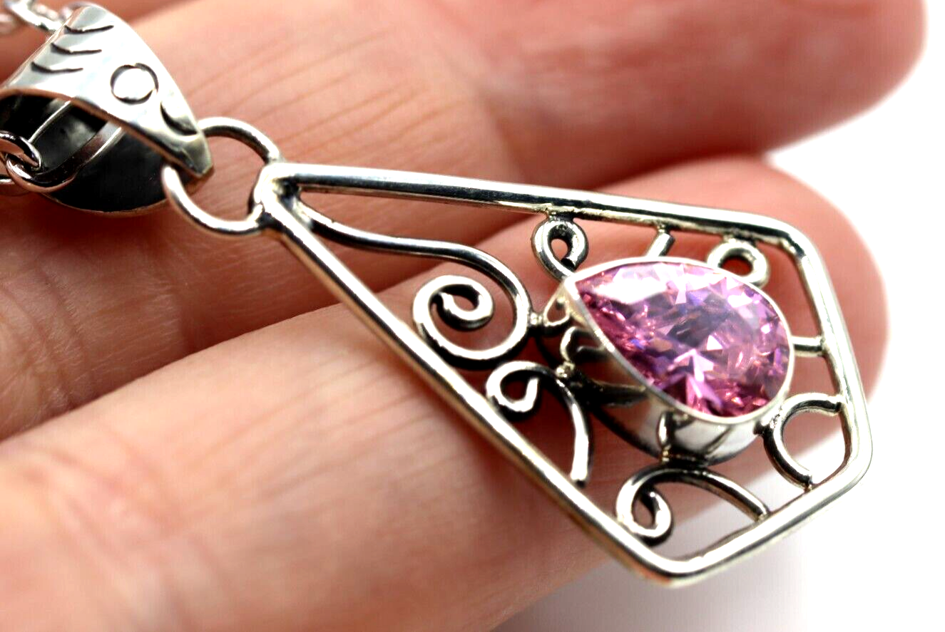 Sterling Silver 925 Pink Sapphire Swirl Pendant + 55cm Heavy Curb Chain