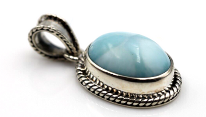 Sterling Silver Solid Oval Cabochon Larimar Blue Cabochon Pendant