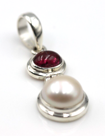 Genuine Sterling Silver 925 Freshwater Pearl & Tourmaline Pendant