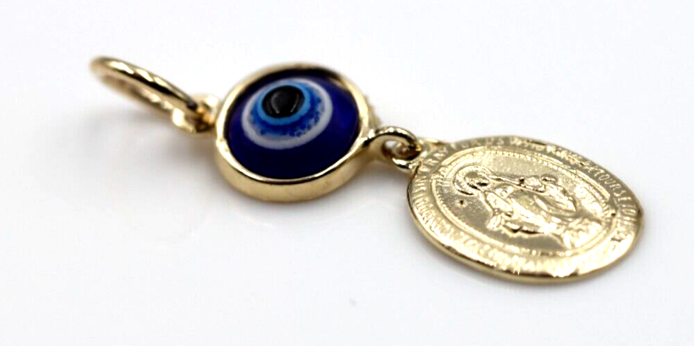 Genuine 9ct Yellow, Rose or White Gold Greek Mati Nazar Lucky Evil Eye + Virgin Mary Charm or Pendant