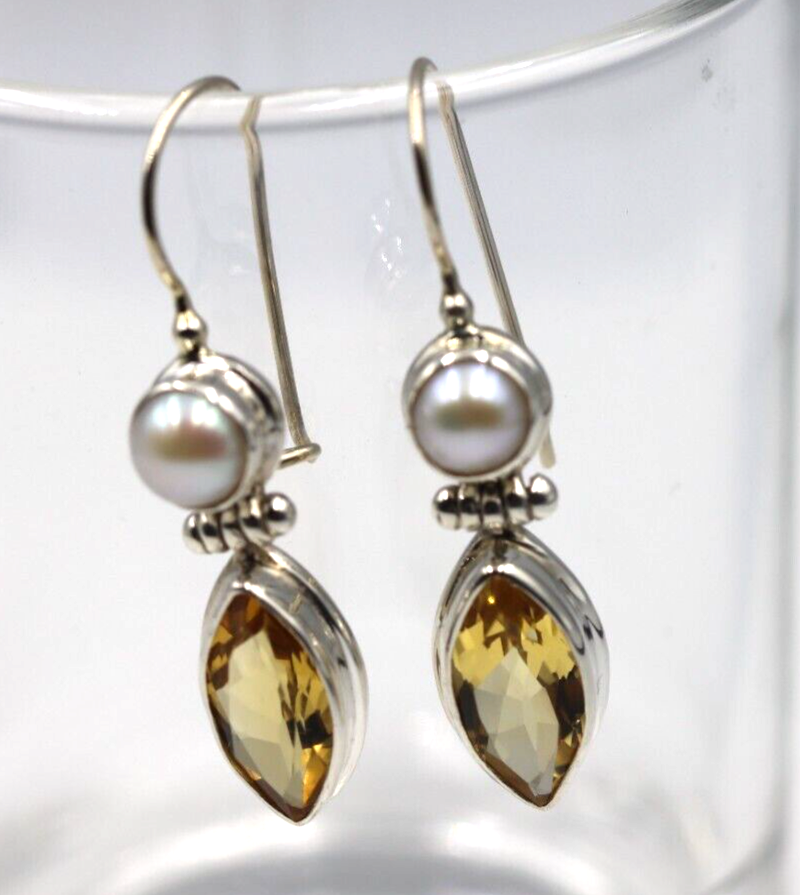 Genuine Sterling Silver Round Freshwater Pearl + Citrine Teardrop Hook Earrings