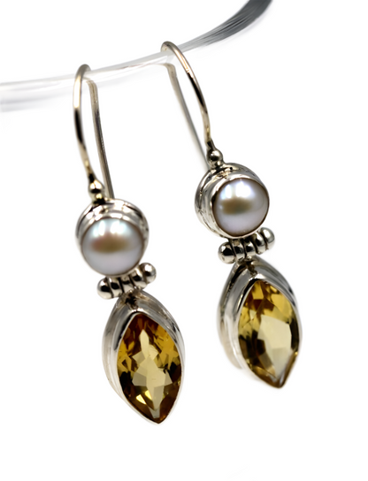 Genuine Sterling Silver Round Freshwater Pearl + Citrine Teardrop Hook Earrings