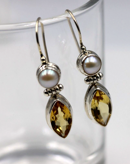 Genuine Sterling Silver Round Freshwater Pearl + Citrine Teardrop Hook Earrings