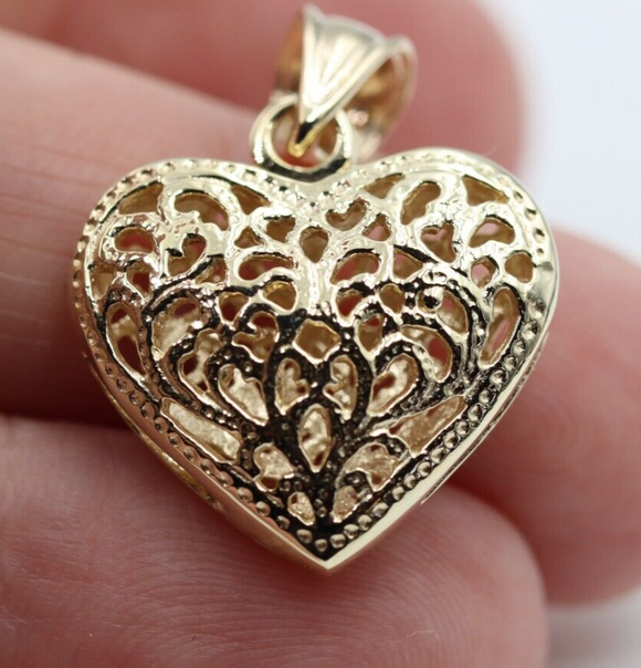 Genuine 9ct Yellow, Rose or White Gold Small to Medium Filigree Heart Pendant