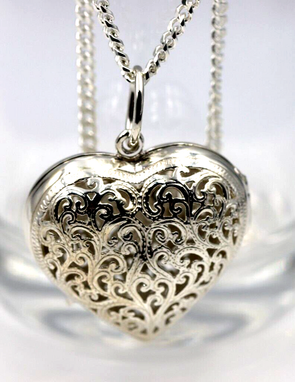 Sterling Silver 50cm Necklace & Large Filigree Heart Locket Pendant *Free post
