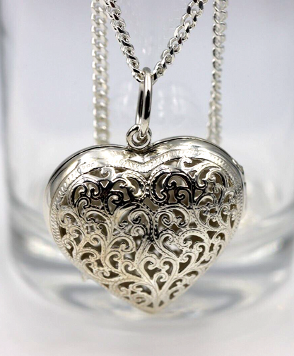 Sterling Silver 50cm Necklace & Large Filigree Heart Locket Pendant