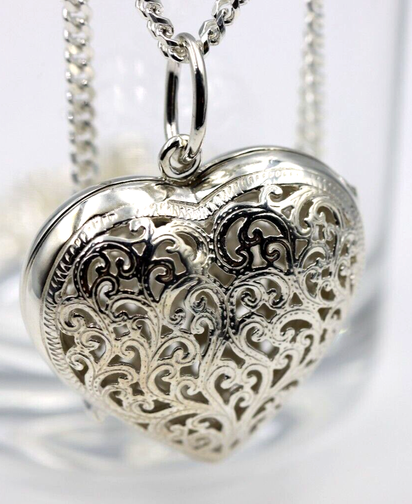 Sterling Silver 50cm Necklace & Large Filigree Heart Locket Pendant